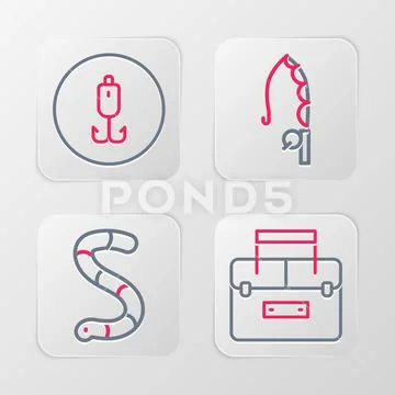 Set line Case container for wobbler, Worm, Fishing rod and hook icon.  Vector Illustration #205184640