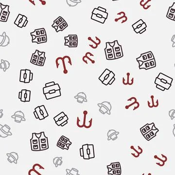 Set line Case or box for fishing, Fishing jacket, Fisherman hat and hook on Stock Illustration