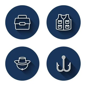 Set line Case or box for fishing, Fishing jacket, Fisherman hat and hook with Illustrazione stock