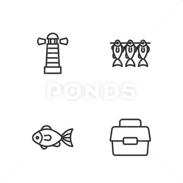 Set line Case or box for fishing, Fish, Lighthouse and Dried icon
