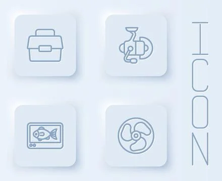 Set line Case or box for fishing, Spinning reel, Fish finder echo sounder and イラスト素材