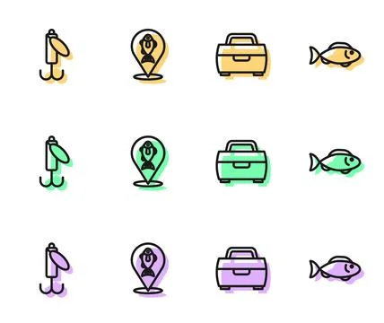 Set line Case or box for fishing equipment, Fishing lure, Location and icon Stock Illustration