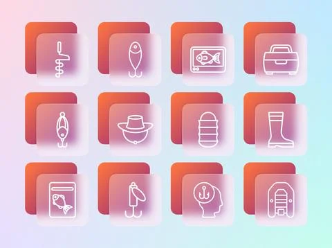 Set line Case or box for fishing equipment, Fishing lure, net, Fisherman, h.. Stock Illustration