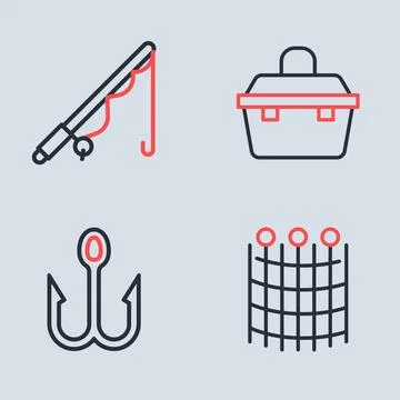 Set line Case or box for fishing equipment Fishing hook net pattern and rod i Illustrazione stock