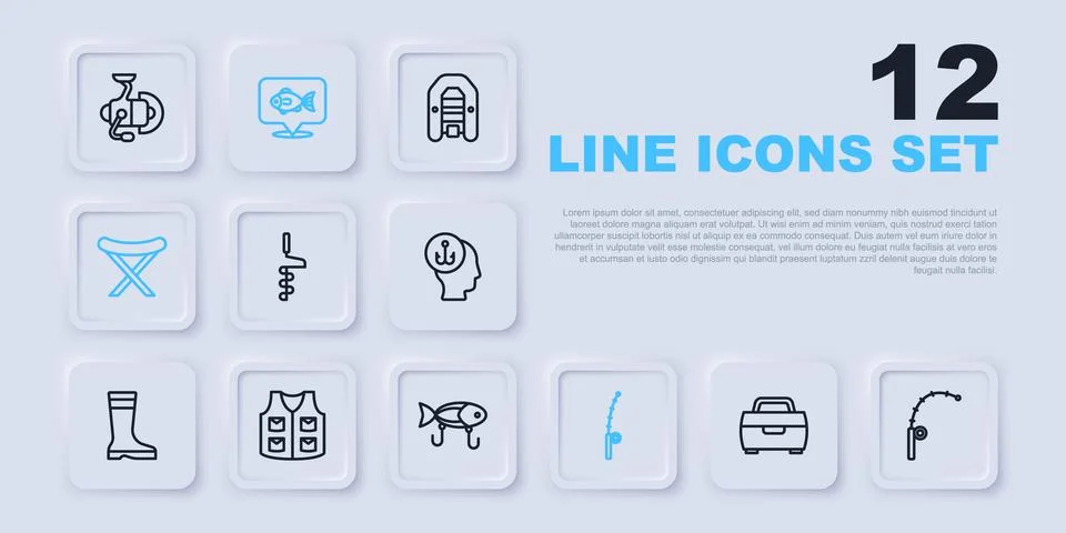 Set line Case or box for fishing equipment, Fishing rod, Hand ice drill, Ca.. Stock Illustration
