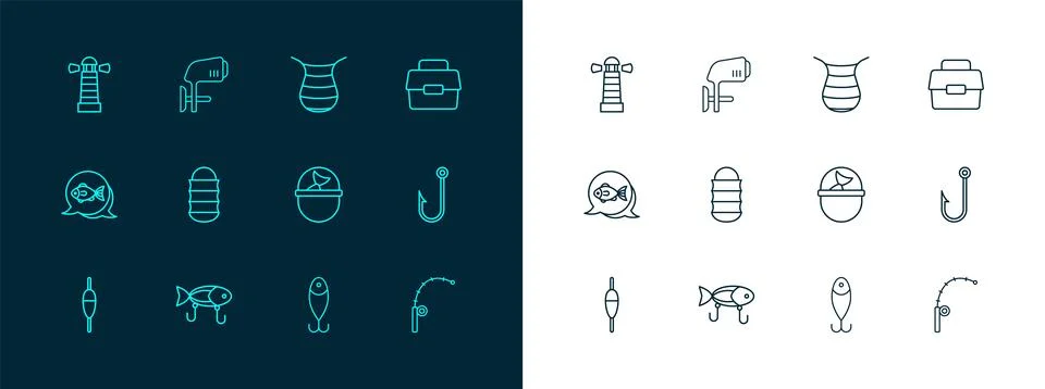 Set line Case or box for fishing, Fishing lure, bucket with, net, Lighthous.. Stock Illustration