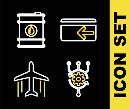 Set line Cash back, Algorithm, Plane and Barrel oil icon. Vector Stock Illustration