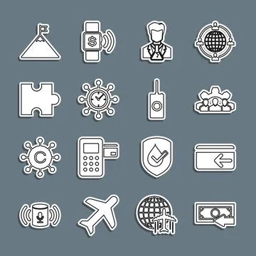 Set line Cash back, Project team base, Scientist and test tube, Clock gear,.. Illustrazione stock