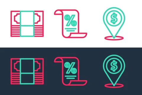 Set line Cash location, Stacks paper money cash and Finance document icon. Ve Stock Illustration