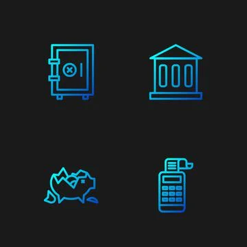 Set line Cash register machine, Broken piggy bank, Safe and Bank building Ilustración de archivo