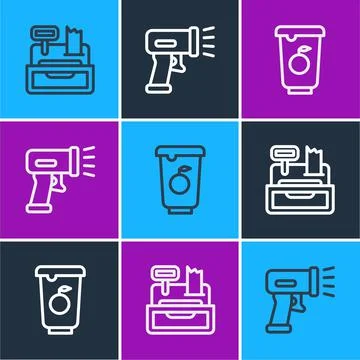 Set line Cash register machine, Yogurt container and Scanner scanning bar code 스톡 일러스트