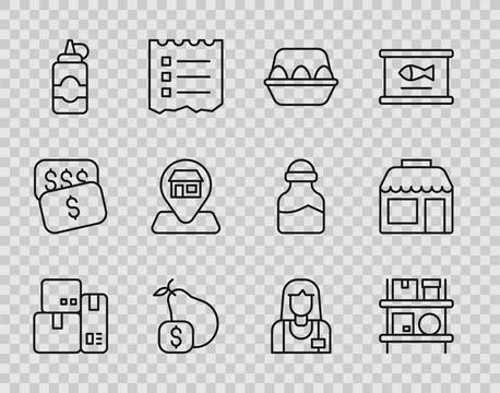 Set line Cash register machine, Warehouse interior with boxes, Chicken egg Stock Illustration