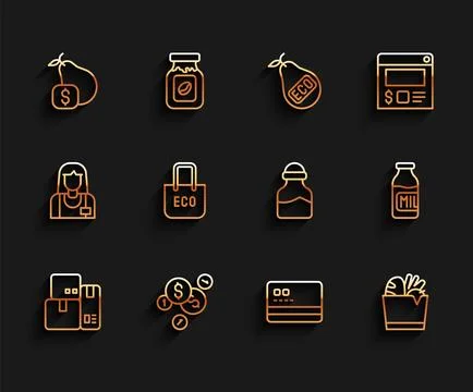 Set line Cash register machine, Coin money with dollar, Price tag for pear,.. Ilustración de archivo