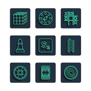 Set line Casino chip, Backgammon board, Checker game chips, Tic tac toe, Bingo Illustrazione stock