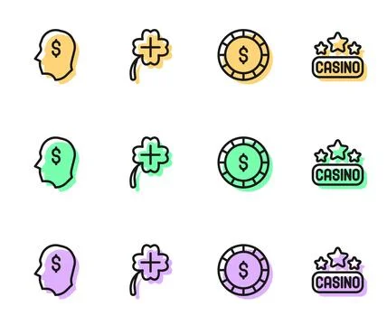 Set line Casino chip with dollar, Lucky player, slot machine clover and sig.. Stock Illustration