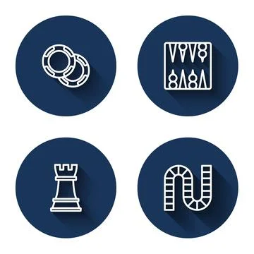 Set line Casino chips, Backgammon board, Chess and Board game with long shado Stock Illustration