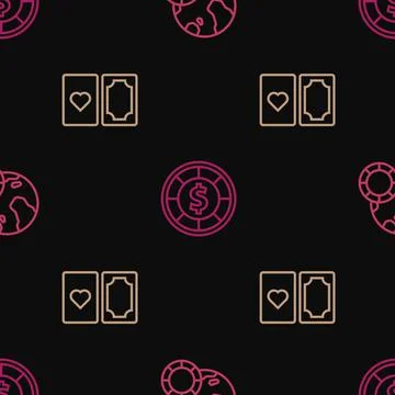 Set line Casino chips, Deck of playing cards and on seamless pattern. Vector Stock Illustration