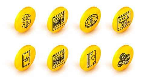 Set line Casino chips, Deck of playing cards, Online slot machine with lucky Stock Illustration