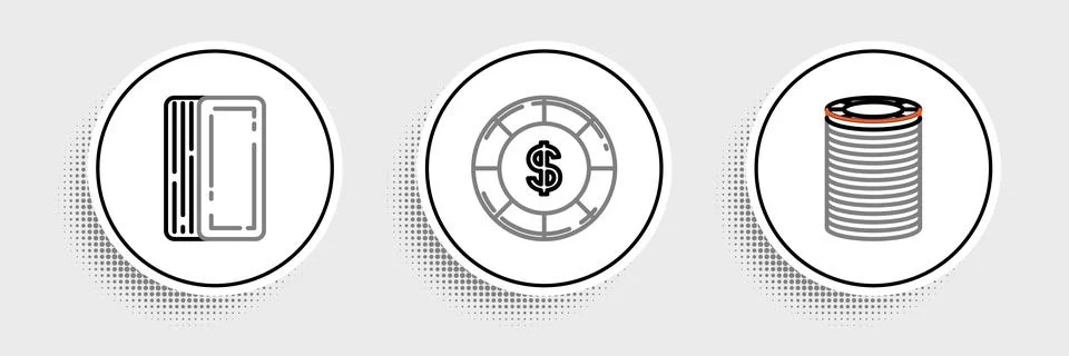Set line Casino chips, Deck of playing cards and with dollar symbol icon. V.. Stock Illustration