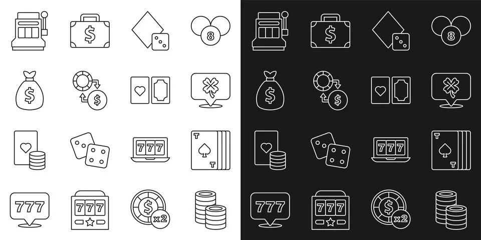 Set line Casino chips, Deck of playing cards, slot machine with clover, Gam.. Stock-Illustration