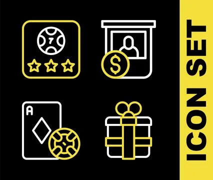 Set line Casino chips exchange, Gift box, and playing cards and Online poke.. Illustrazione stock