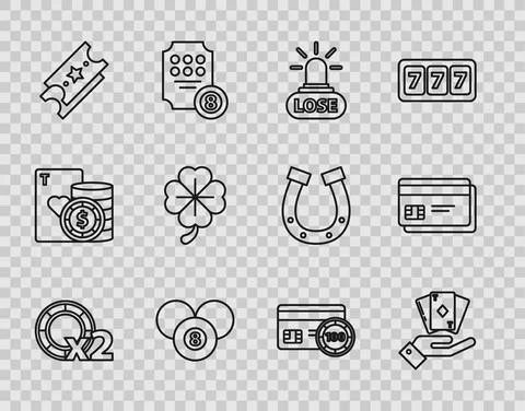 Set line Casino chips, Hand holding deck of playing cards, losing, Billiard pool Stock Illustration