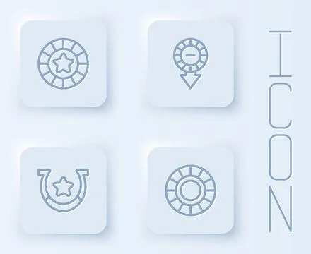 Set line Casino chips, Horseshoe and . White square button. Vector Illustrazione stock
