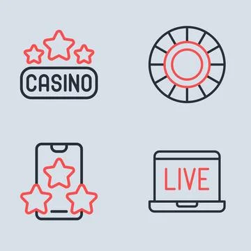 Set line Casino chips, Online sports betting, poker table game and signboar.. Illustrazione stock