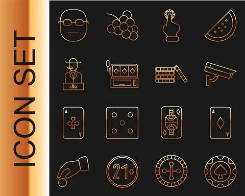 Set line Casino chips, Playing card with diamonds, Security camera, Hand holding Stock Illustration