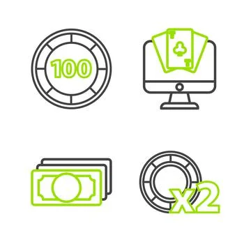 Set line Casino chips, Stacks paper money cash, Online poker table game and   스톡 일러스트