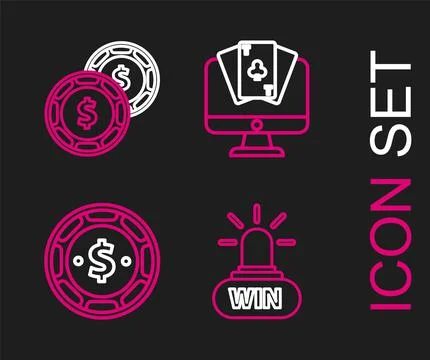 Set line Casino win, chip with dollar, Online poker table game and  icon. Vec Illustrazione stock