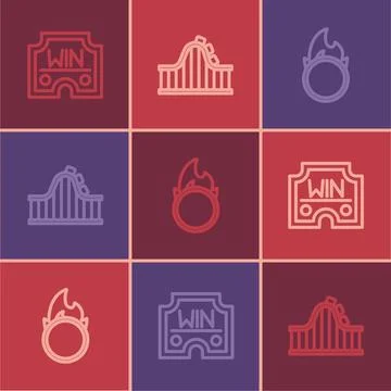 Set line Casino win, Circus fire hoop and Roller coaster icon. Vector 스톡 일러스트