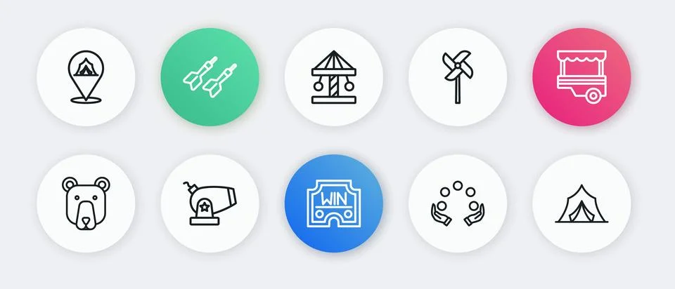 Set line Casino win, Fast street food cart, Bear head, Juggling ball, Pinwh.. Stock Illustration