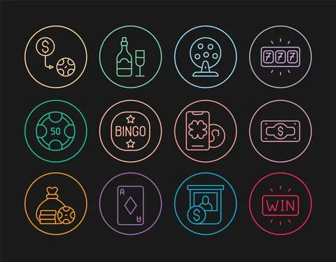 Set line Casino win, Stacks paper money cash, Lottery machine, Bingo, chips Stock Illustration