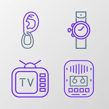 Set line Cassette tape player, Retro tv, Wrist watch and Ear with earring i.. Stock Illustration