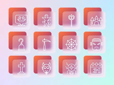 Set line Castle, Devil head, Spider web, Scythe, Trident devil, Happy Hallo.. Illustrazione stock