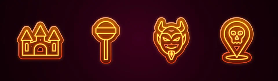 Set line Castle, Lollipop, Devil head and Skull. Glowing neon icon. Vector 스톡 일러스트