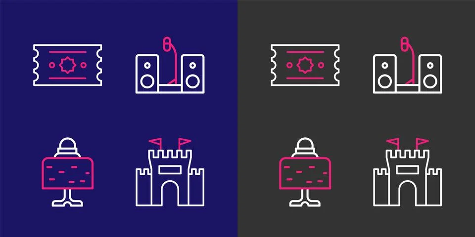 Set line Castle, Magic ball on table, Home stereo with two speakers and Tic.. Illustrazione stock