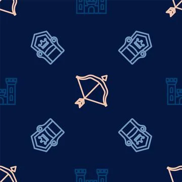 Set line Castle, Medieval throne and bow and arrow on seamless pattern. Vector Stock Illustration
