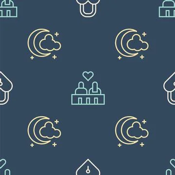 Set line Castle in the shape of a heart, Moon and stars and Couple love on Stock Illustration