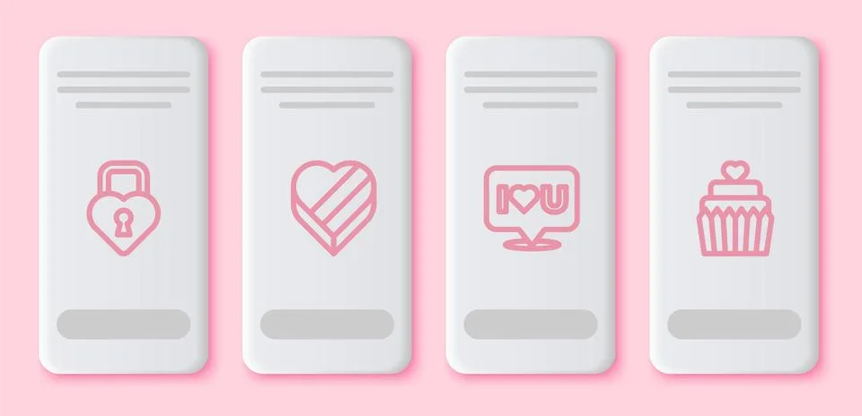 Set line Castle in the shape of heart, Candy shaped box, Speech bubble with I Illustrazione stock