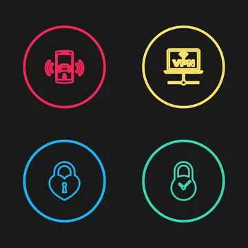 Set line Castle in the shape of heart, Padlock with clock, VPN Computer network Stock Illustration