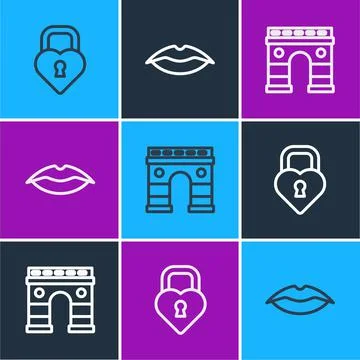 Set line Castle in the shape of heart, Triumphal Arch and Smiling lips icon Illustrazione stock