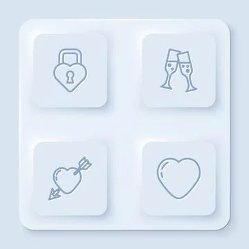 Set line Castle in the shape of heart, Glass champagne, Amour with and arrow and Stock Illustration