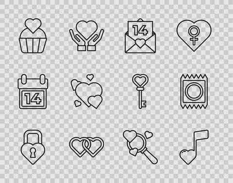 Set line Castle in the shape of a heart, Music note, tone with hearts, Envelope Stock Illustration