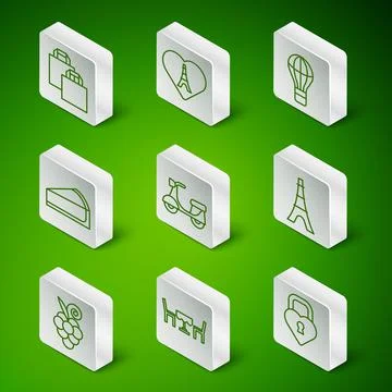 Set line Castle in the shape of heart, French cafe, Paper shopping bag, Scooter 스톡 일러스트