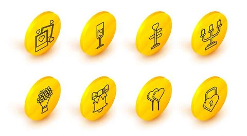 Set line Castle in the shape of a heart, Balloons form with ribbon, Ringing bell Stock-Illustration