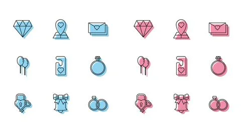 Set line Castle in the shape of a heart and key, Ringing bell, Diamond, Weddi Stock Illustration