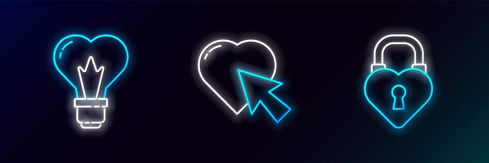 Set line Castle in the shape of a heart, Heart light bulb and and cursor click Stock Illustration