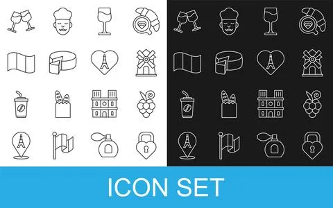 Set line Castle in the shape of heart, Grape fruit, Windmill, Wine glass, Cheese Illustrazione stock